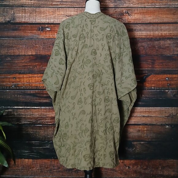 World Market One Size Open Kaftan Cardigan Embroidered Beaded Olive Green Boho - Picture 4 of 11